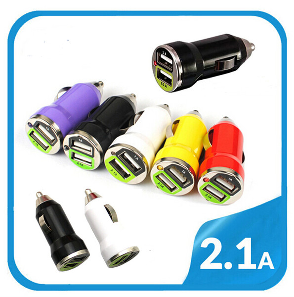 Portable Bullet Car Charger Adapters Universal Colorful Mini for 5V 1000mA 2100mA Iphone Ipod Samsung Android Phones MP3 MP4 GPS Dual USB