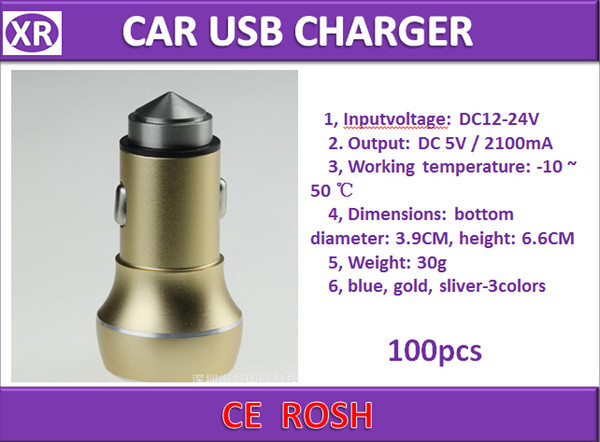 Bullet USB car charger Output: DC 5V 1000mA & 2100mA gold. Sliver.blue-3colors with package 100sets/lot