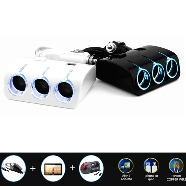 3 Sockets 3 Way Autos Cigarette Adapter Lighter Splitter Double Plug Socket 2 Usb Ports Charger With Switch Car Accessory