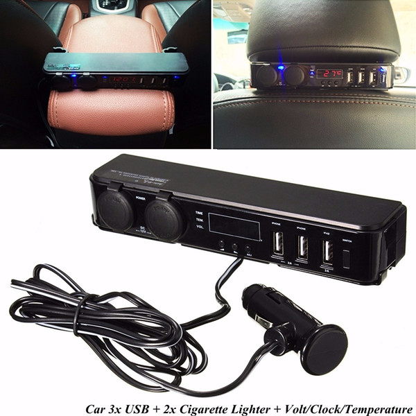 DHL 10PCS Car Back Seat Headrest Mount 3 Port 5V 3A USB Charger + 2x 12v Cigarette Lighter + Time Volt Temp LED Display