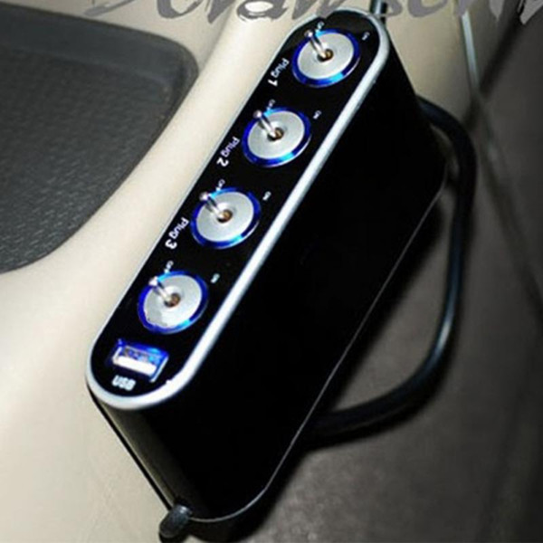 Car C igar L ighter One To Four +USB Port C igar L ighter Fashion Car Kit One To Four Power Adapter With Switch #0703