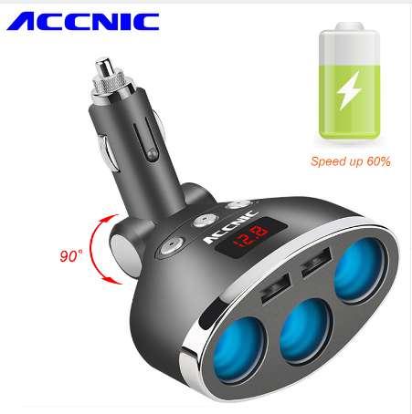 ACCNIC 3 in 1 Dual USB Car Cigarette Lighter Socket Splitter Plug 3 Cigarette Lighter Car USB Voltage Monitor For iPhone Samsung