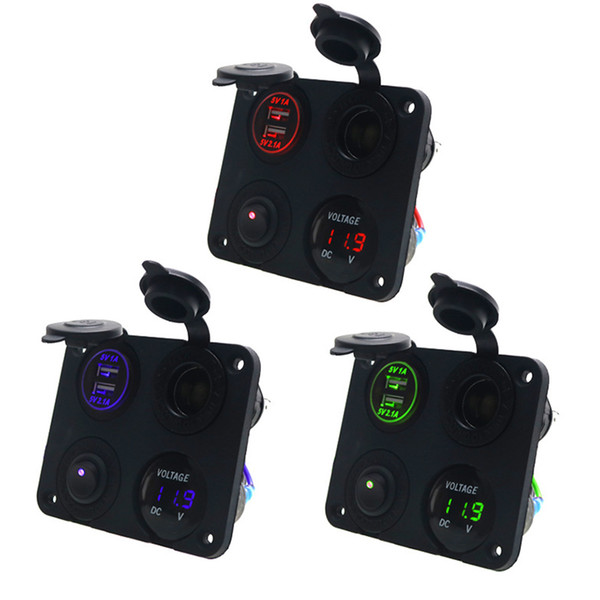 New Car Yacht 4-Hole Panel Dual USB Charger Cigarette Lighter 12V/24V Voltmeter Switch Cigarette Lighter USB PC ABS