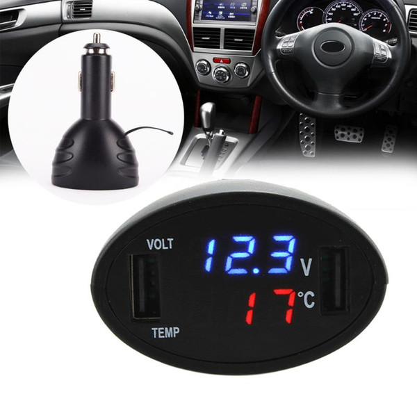 3in1 Car Cigarette 12V Dual USB Charger LED Thermometer Voltmeter Black Car-Mounted Charger Suitable for 12V and 24V Battery
