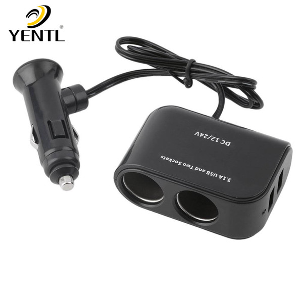 free shipping yentl In-car PDA Power Supply 2 USB Ports & 2 Sockets Splitter 12V/24V Car Charger for car Cigarette Lighter Socket Splitter