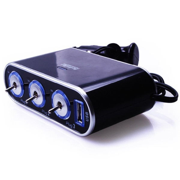 Black 3 Way Auto Car Cigarette Lighter Socket Splitter 12V Charger Power Adapter Plug DC 12V + USB Control free shipping