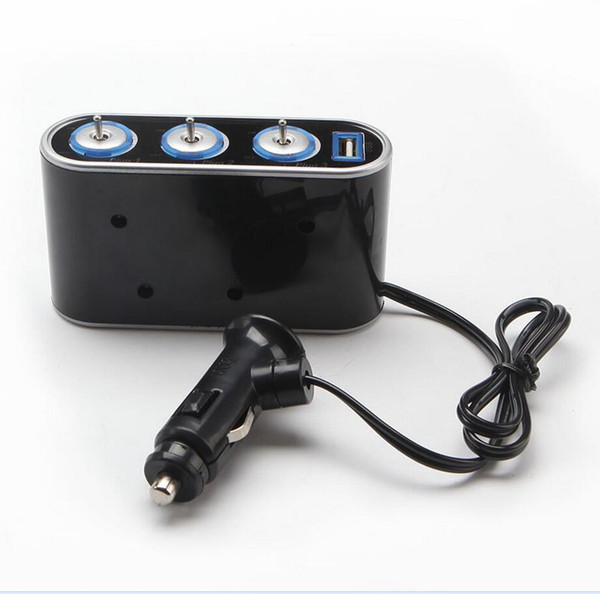 Automobile Car Cigarette Lighter 3 Way Triple Splitter Adapter DC12V USB Port With Blue Led Light Car Accessories