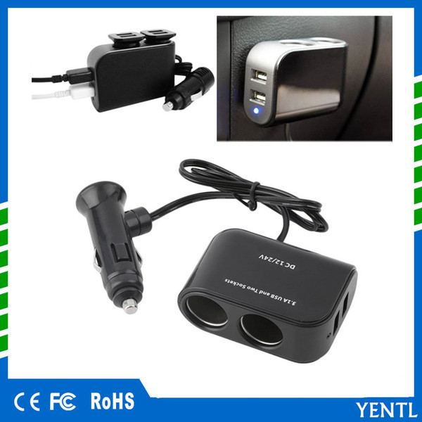 free shipping yentl In-car PDA Power Supply 2 USB Ports & 2 Sockets Splitter 12V/24V Car Charger for car Cigarette Lighter Socket Splitter