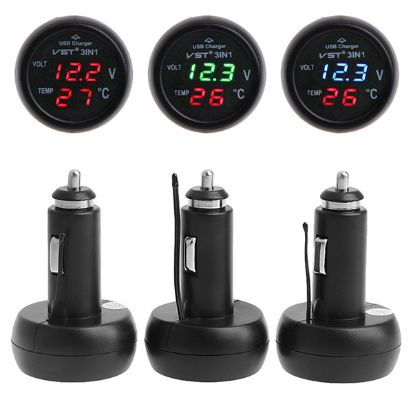 3in1 Auto Digital LED Thermometer USB Car Charger Cigarette Voltmeter Meter 12V/24V