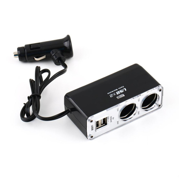 34063II Twin Socket Double USB Port 2 Way Auto Car Cigarette Lighter Socket Splitter Charger Plug Adapter with Cable DC 12V New