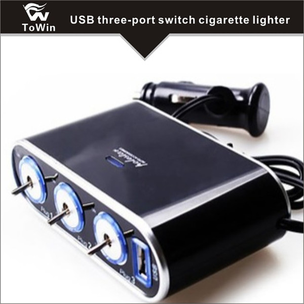 Three-Socket Car Cigarette Lighter Splitter Multi Function USB charger with three Switches Power Adapter USB charger Durable