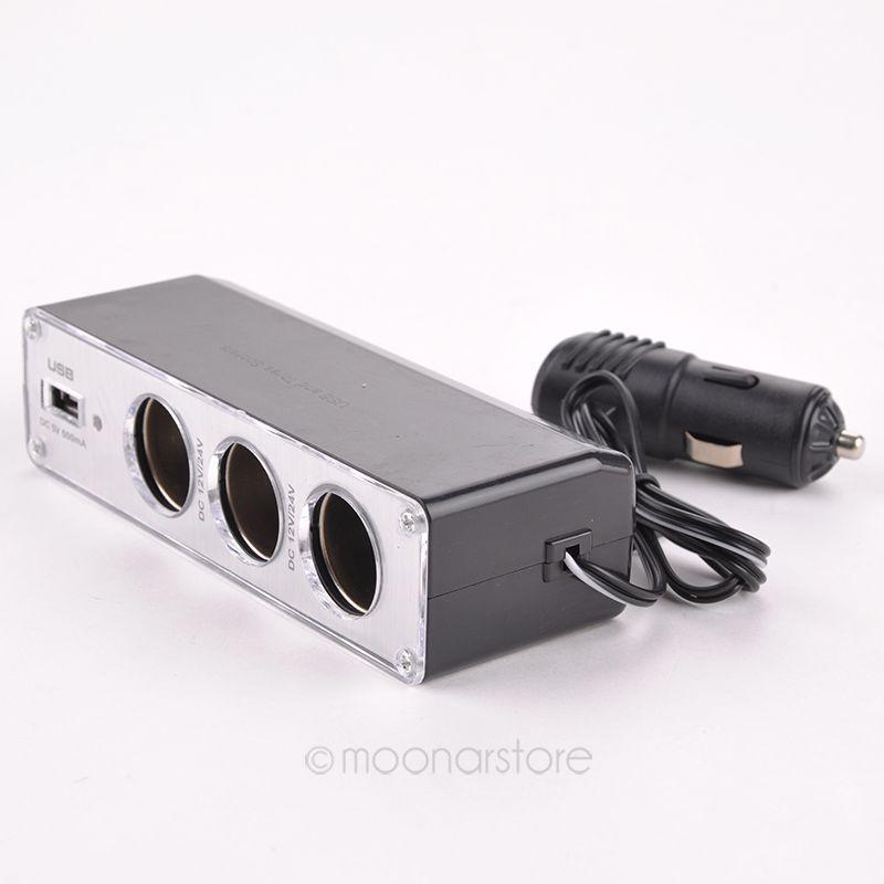 Wholesale-3 Way Car Cigarette Lighter Socket Splitter Charger Power Adapter DC+USB 12V-24V ZMHM366