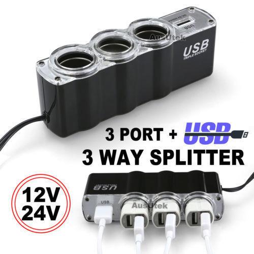 3 Way Splitter Car Cigarette Lighter Socket Adapter Charger DC 12V + USB Premium 3 Socket Power Adapter USB Charger* Supply & Triple DC 12V