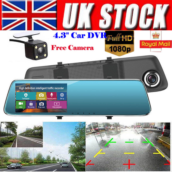 4.3'' FHD 1080P Dual Lens 140 Degrees Car DVR Camera Rearview Mirror Digital Dash Cam Video Recorder Front and Rear Camera LCD