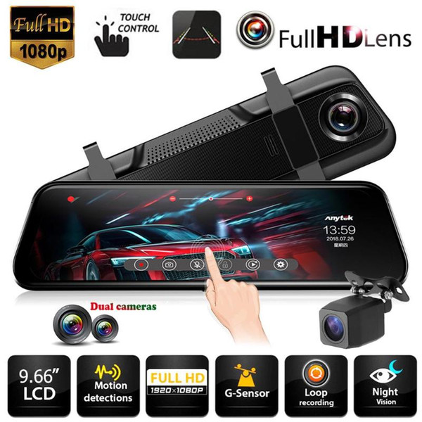 Anytek T12+ 9.66 inch Touch Screen DVR Car Camera Dual Lens Dash Cam Driving Recorder Night Vision Rearview Mirror car dvr