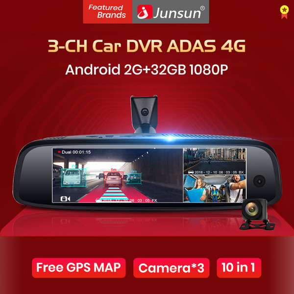 Junsun 2+32GB 3-CH Car DVR ADAS 4G Android Rearview Mirror FHD 1080P Special Bracket Auto DashCam Camera For Taxi 2019 New