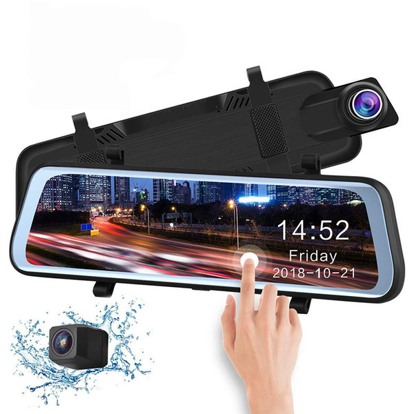 Full Touch Screen 10 inch Car DVR Rear View Mirror, Stream Media Reverse Backup Camera With 1080P Dual Lens Dash Camcorder