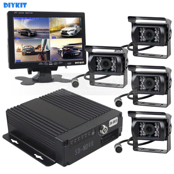 DIYKIT SD 4CH Car DVR Video Recorder 7inch HD Car Monitor + 4 x Night Vision Rear View Camera for Truck Van Bus