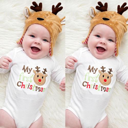 Newborn Baby Kids Boy Girl Clothes Christmas Letter Print Cotton White Romper Long Sleeve Bodysuit Clothes Xmas Outfits GPS