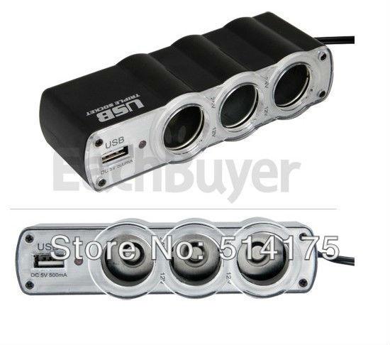 GPS 3 Way Socket Car Cigarette Lighter Charger Adapter USB Free Shipping Wholesales5/pieces order<$18no track