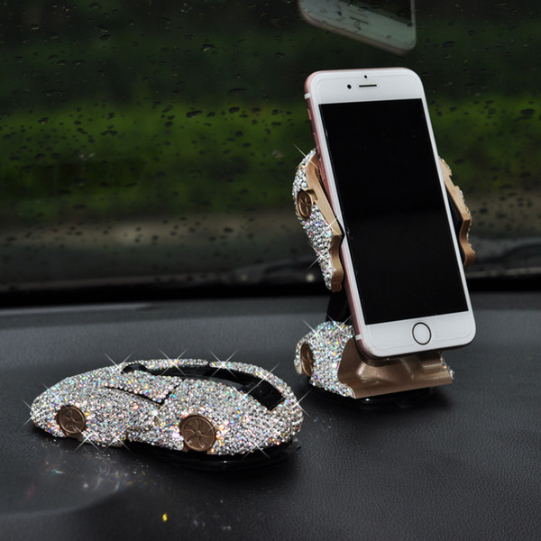 Bling Bling Sportscar Shape Car Mobile Phone Holder with Crystals Dashboard Decoration Ornament GPS Stand for 4