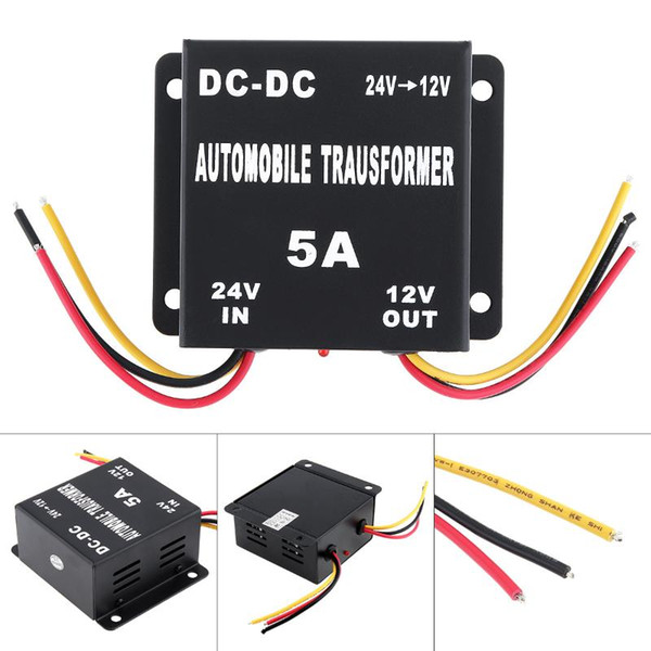 5A 60W DC 24V to 12V Black Power Converter Electric Inverter Voltage Reducer Step-down Transformer with 6 Wires for Car