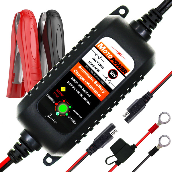 MOTOPOWER MP00205A 12V 800mA Fully Automatic Battery Charger Maintainer for Car Truck Boat Motorcycle all types Lead Acid Batteries