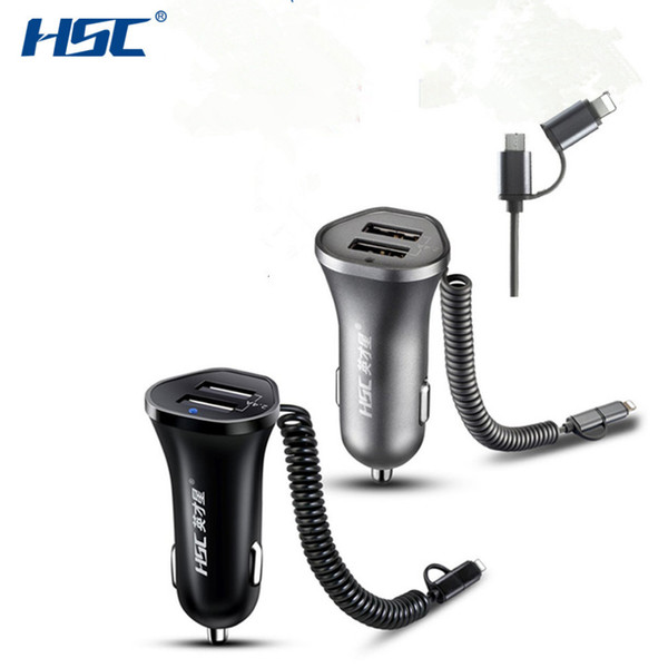 HSC HSC-104 2.4A Dual USB Spring Line 130cm Charger Fast Car Charger Smart Adapter 12V-24V for Android for Iphone Hot