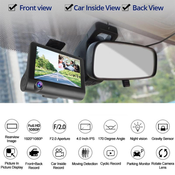 170 Degree 3 Lens Car DVR Dash Cameras Driving Video Recorder Auto Registrator Dvrs windshield with Rearview Mirror Cam F2.0