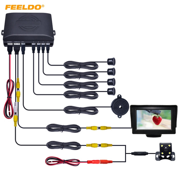 FEELDO Car 4.3Inch LCD Monitor 4-sensor Parking Sensor 4-LED Night Vision CCD Camera Reversing Rearview Parking System #982