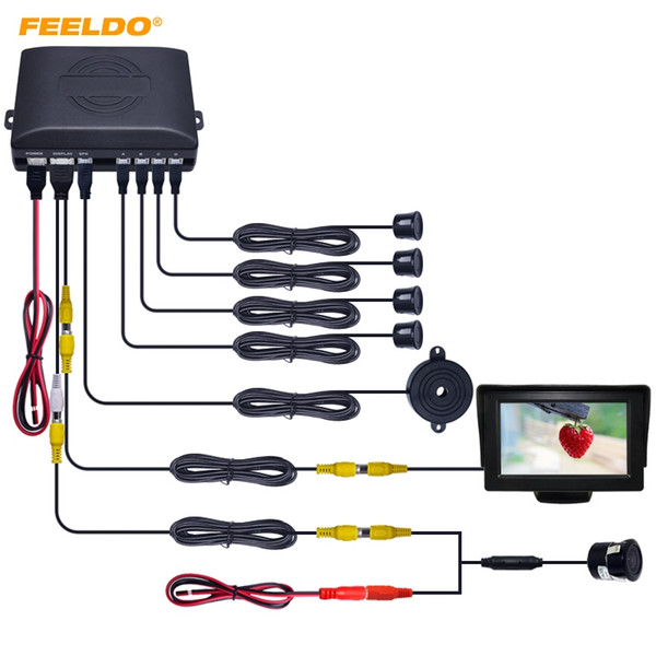 FEELDO Car 4.3Inch LCD Monitor 4-sensor Parking Sensor 18.5mm Snap Ring Camera Reversing Rearview Parking System #944