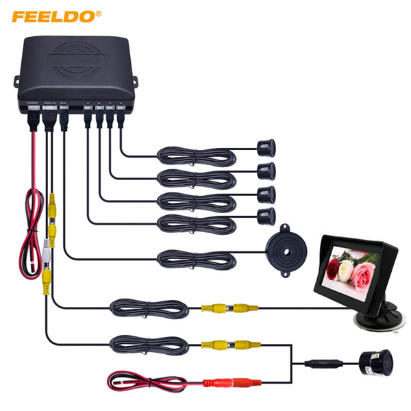 FEELDO Car 4.3Inch Windshield Monitor 4-sensor Parking Sensor 18.5mm CCD Camera Reversing Rearview Radar System #1988