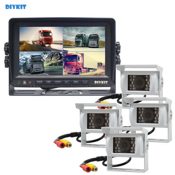 DIYKIT Video Recording 7inch 4 Split QUAD Rear View Monitor Car Monitor + 4 x CCD IR Night Vision Rear View Camera White