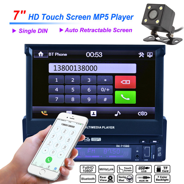 Universal 7 Inch 1 Din Bluetooth HD Touch Auto Retractable Screen Car Video Stereo Player Support Mirror Link Aux In with Rear View Camera C