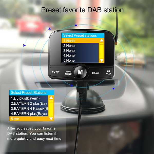 Car FM Transmitter DAB Digital Radio MP3 Kit Hands-free 0.1A Calling 10Hz 0.9dB 15m 2040-2480MHz 64GB 5V 95%