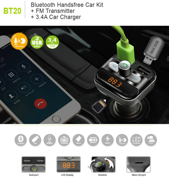 New BT20 Bluetooth Car Kit Handsfree Car MP3 Bluetooth 4.0 Support USB Disk/Micro SD Card Car Charger Dual USB with retail package