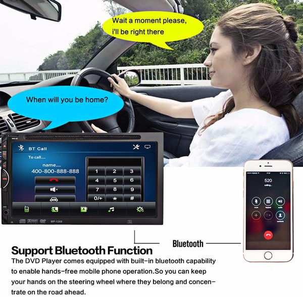 1269 2 Din 7 inches Bluetooth BT V3.0 Auto Radio Double Din 32GB Car DVD Player In-dash Stereo Video USB SD Microphone Handsfree Calls