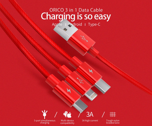 Car Hot sale USB Cable 3 in 1 Micro 3A USB Cable For iPhone XS X 8 7 6 Charging and Android USB TypeC Mobile Phone and Samsung S9