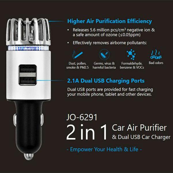 Car Air Purifier 2 USB Output Car Charger 2.1A Fast Charge Negative Ions Air Cleaner Ionizer Air Purifier Car Dust Smoke PM2.5 Eliminator