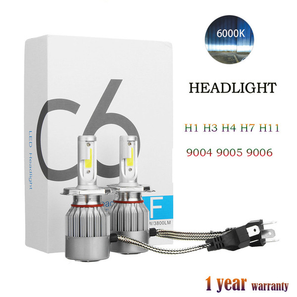 1Pair COB C6 Real 7600LM 120W LED Car Headlight H1 H3 H4 H7 9003 9004 9005 9006 Kit Hi/Lo Light Bulbs 6000K