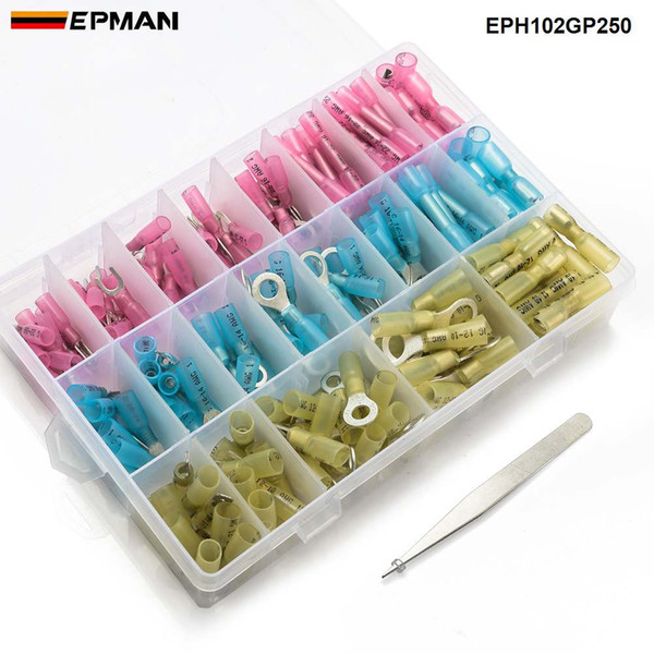 EPMAN 250 pcs Insulated Heat Shrink WireElectric Connector Crimp Terminals Ring Butt Kit Heat Shrink Connectors EPH102GP250