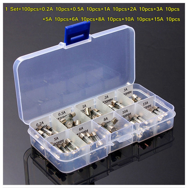 5*20MM 100pcs Fast Quick Blow Glass Tube Car Fuse Assortment Kit 0.2A 0.5A 1A 2A 3A 5A 6A 8A 10A 15A AMP Tube Fuses