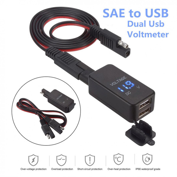 Freeshipping 12V-24V 2.1A SAE Dual USB Cable Adapter Dual Port Power Socket Smart Phone Tablet GPS Charger with Voltmeter for Motorcycle Car