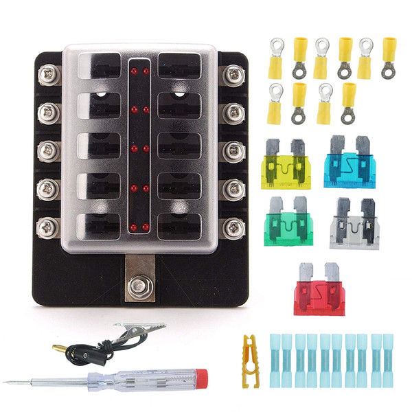 1 pcs 10 Circuit LED Fuse Block Fuse Box with screw terminal with accessories and kits for Car Boat Marine Trike