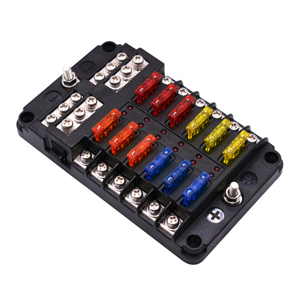 ST Blade Fuse Block with LED Warning Indicator Damp-Proof Cover - 12 circuits with negative bus Fuse Box for Car Boat Marine RV Truck