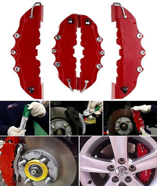 4 Pcs New Plastic 3D Car Caliper Covers Front Rear Kit Truck Red Auto Universal Disc Brake