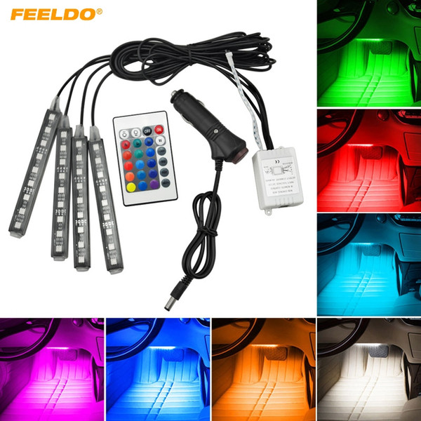 FEELDO 4Pcs/Set Car Interior Decorative RGB LED Strip Light Atmosphere Lamp Kit Foot Lamp With 24 Key Remote Controller #4567