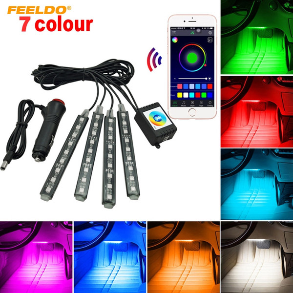 FEELDO 4pcs/set Car Blutooth APP Intelligent Control Decorative LED Atmosphere Neon Light RGB Car Interior Footwell Light #4561