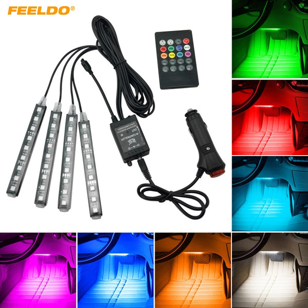 FEELDO Car Interior RGB LED Strip Light Voice Controller Atmosphere Lamp Foot Decorative Light With 24 Key Remote Controller #4563