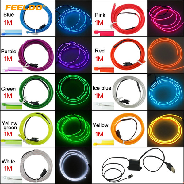 FEELDO 9-color 1M Car Flexible Moulding EL Neon Glow Lighting Rope Strip With Fin 12V USB Power Inverter #5768